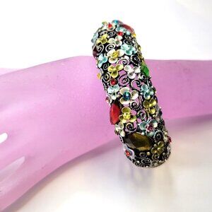 Colorful Floral Cuff Bangle SilverTone Cuff with colorful Rhinestones